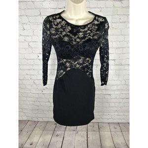 SentimentalNY Black Floral Lace Knee Length Pullover Long Sleeve Bodycon Dress S